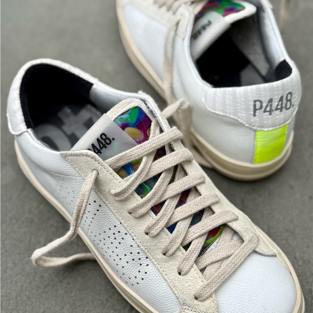 P448 White Sneakers with Neon Yellow Detail size 7.5-8 women’s
